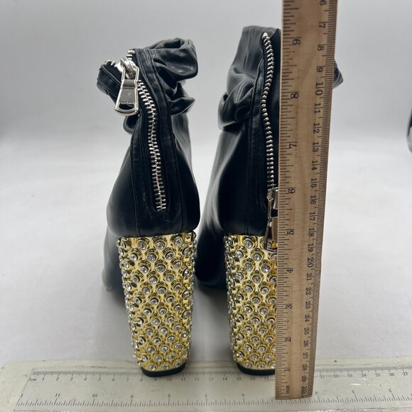 FSJ Black Stylish Peep Toe Slouch Ankle Boots Chunky Stacked Heels Crystal Shoes - Picture 5 of 8
